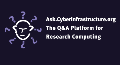 A face surrounded by question marks with the words Ask.Cyberinfrastructure.org